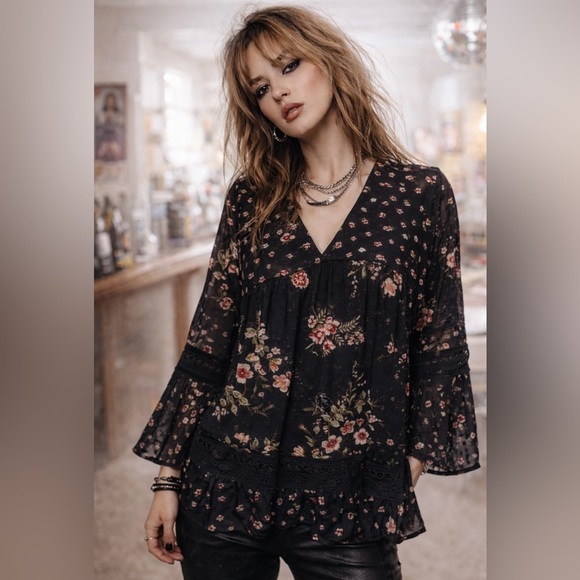 Maeve Tops - Maeve Steffy Peasant Shirt Black Ditsy Floral Crochet Romantic Boho Medium